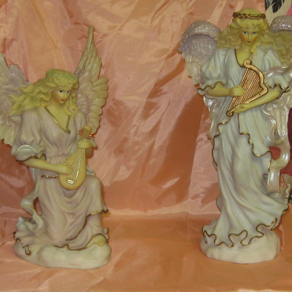 Two 15" Angels Playing Instruments Statues